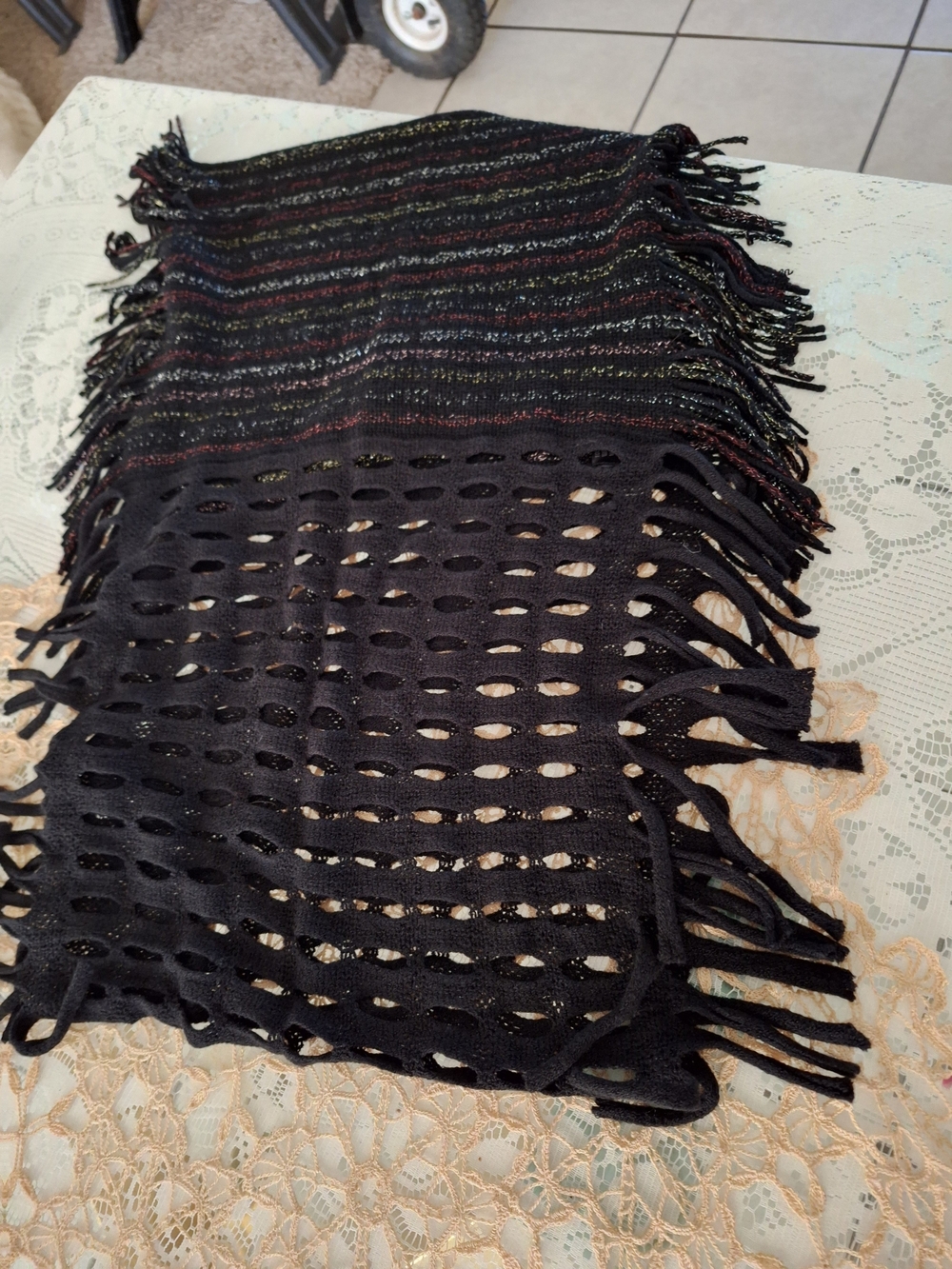 Funky Boho Black Fringe Knit Scarf with Metallic Stripes Very Cool